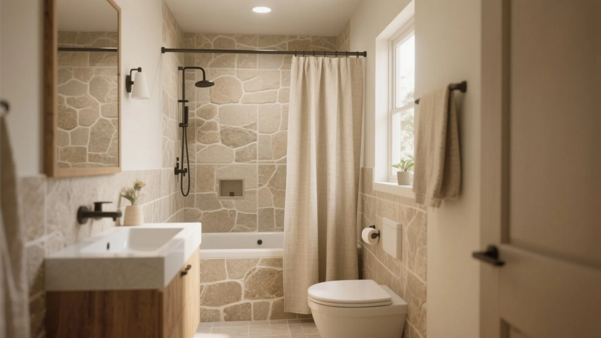 Small bathroom with neutral linen shower curtain and wood finishes