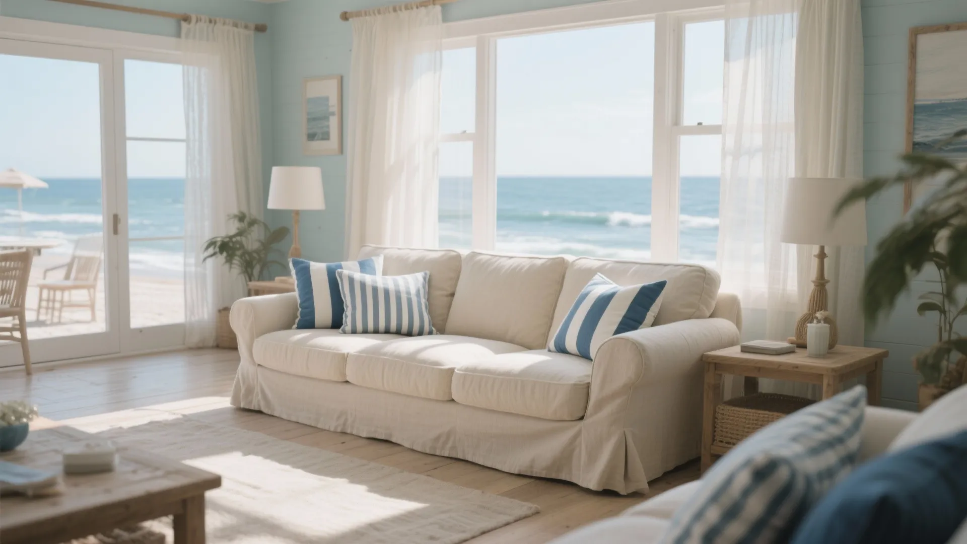 Comfortable beige sofa with blue striped pillows in front of large windows overlooking the ocean