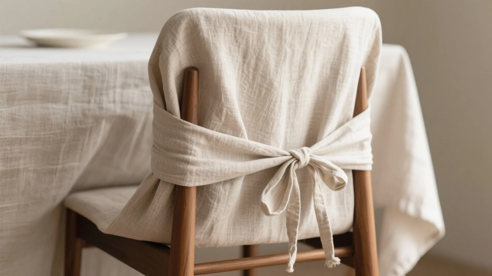 Wooden chair with beige linen cover tied with a bow at back near white table