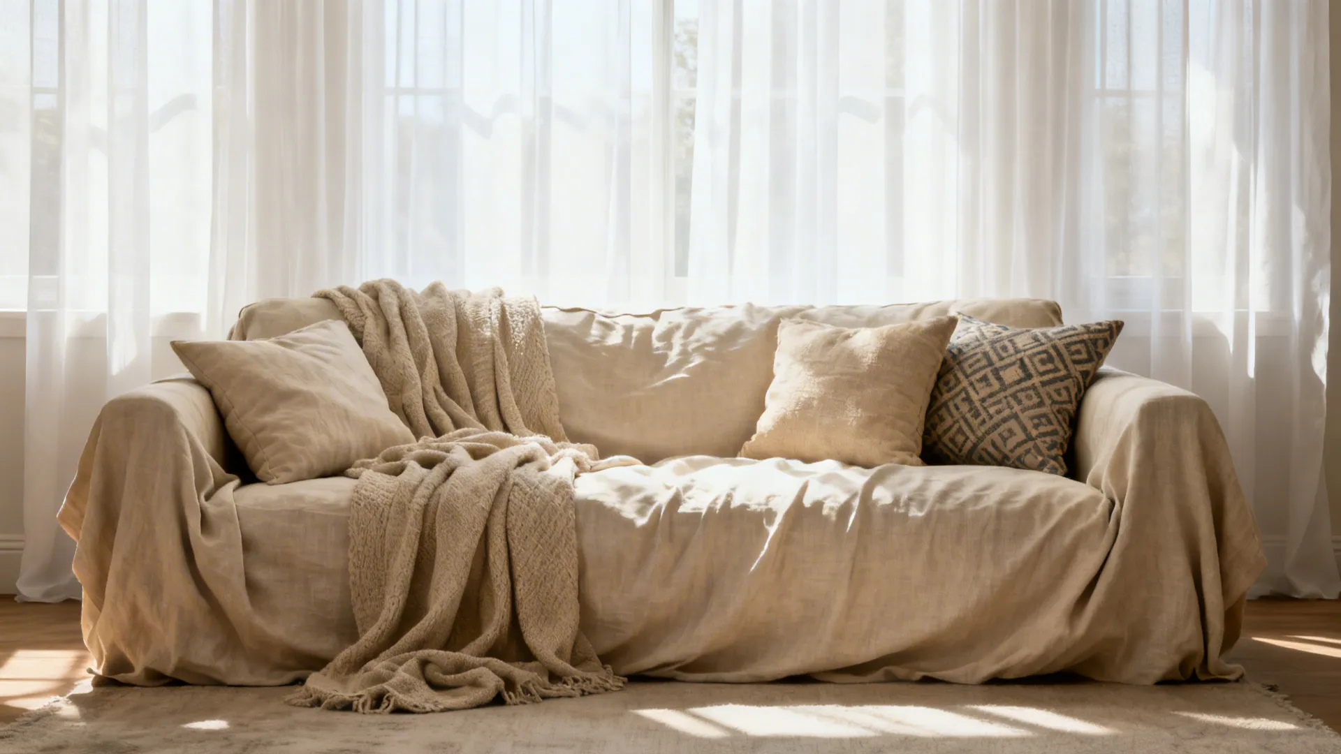 Slipcovered linen sofa in oatmeal with throws and cushions in a warm living room
