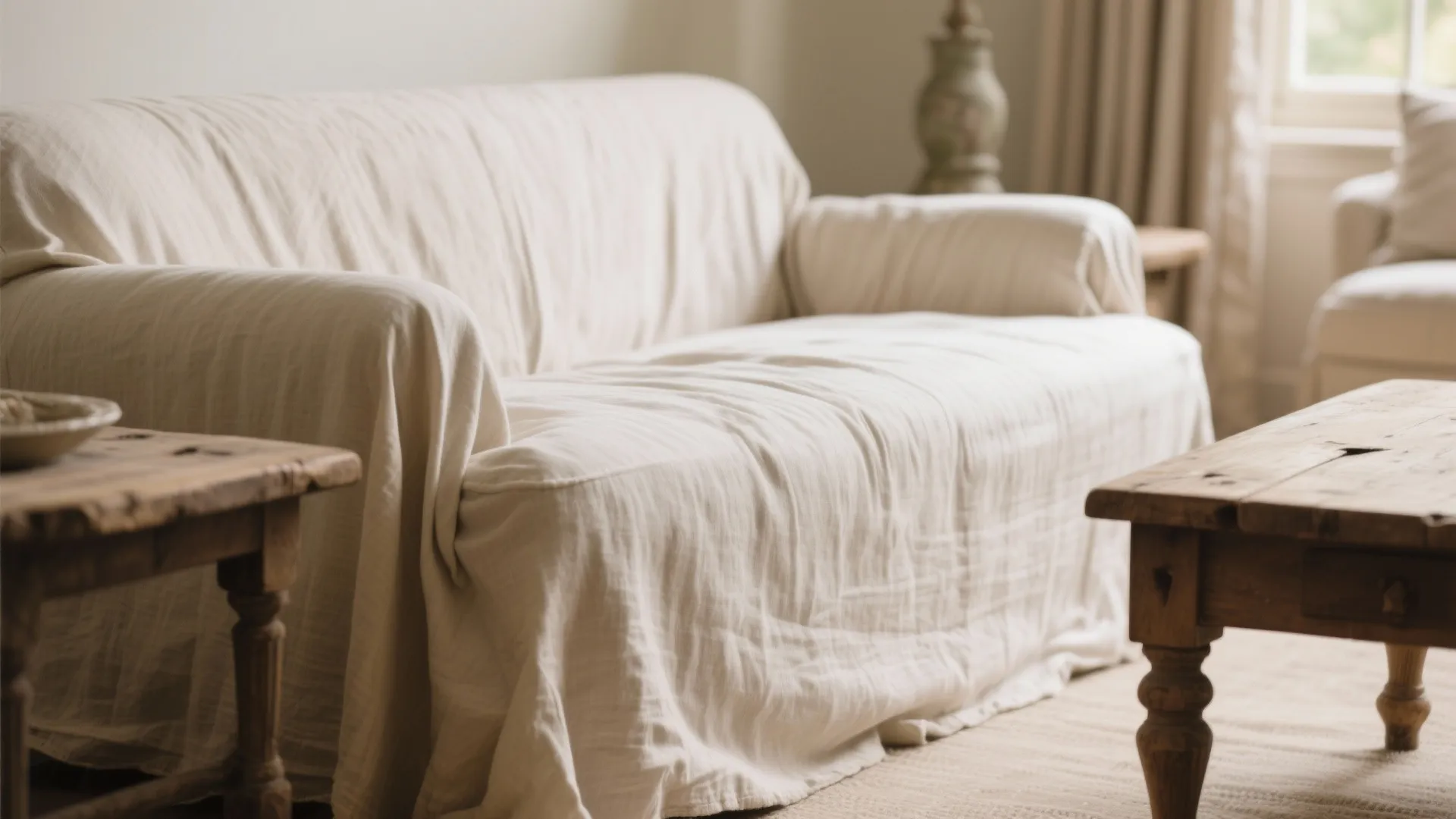 Close-up of linen slipcovered sofa with wooden side table