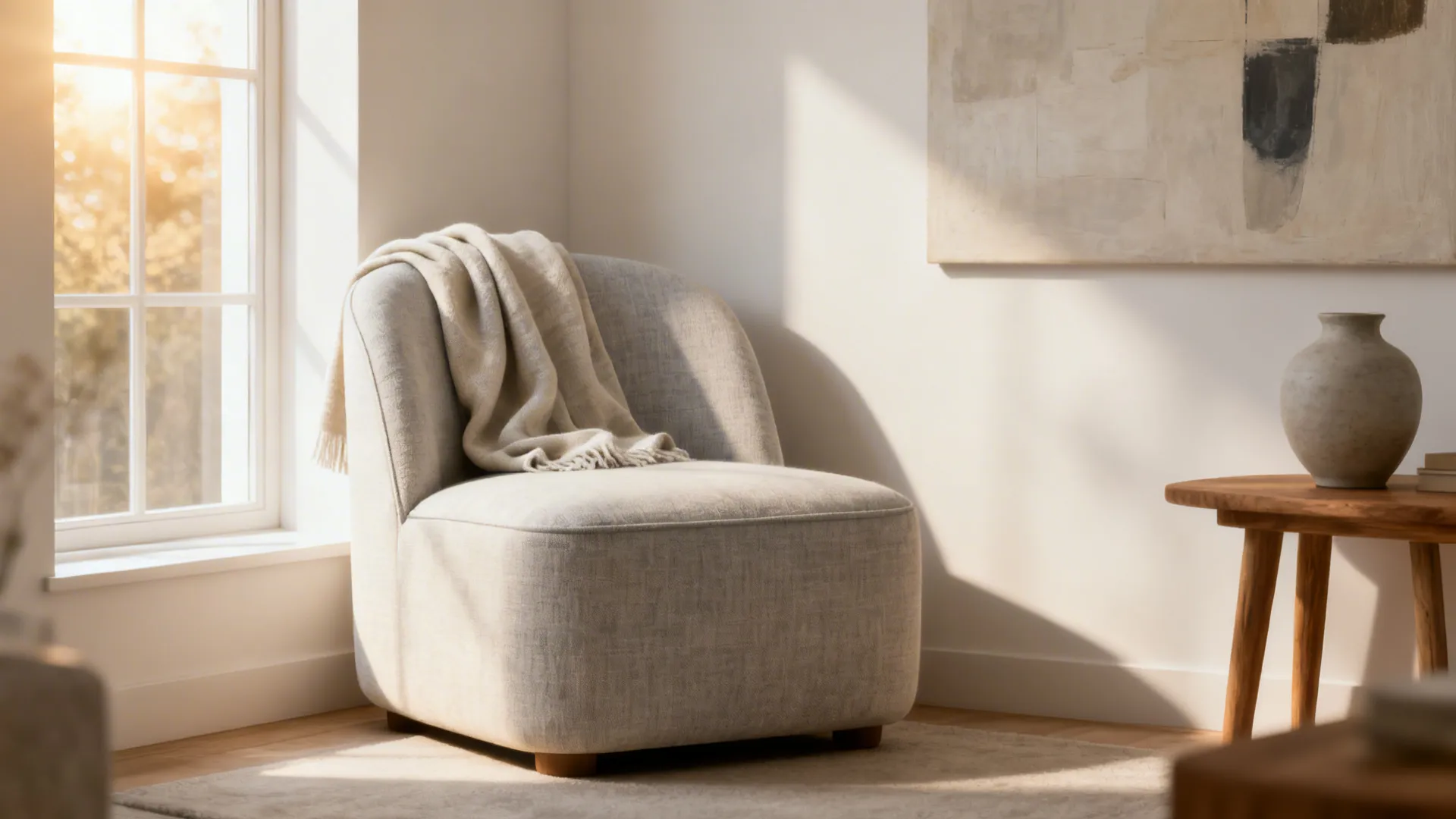 Low-profile linen slipper chair in a sunlit small living room with neutral decor