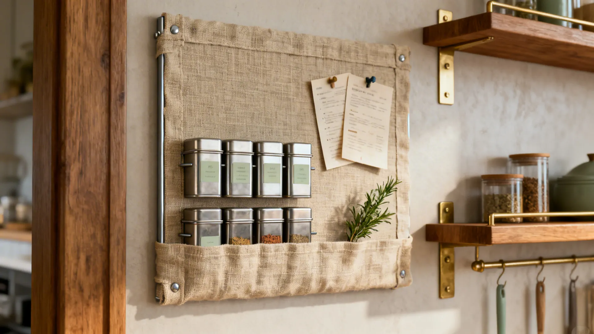 Fabric-covered magnetic spice board with tins and recipe cards on a kitchen wall.