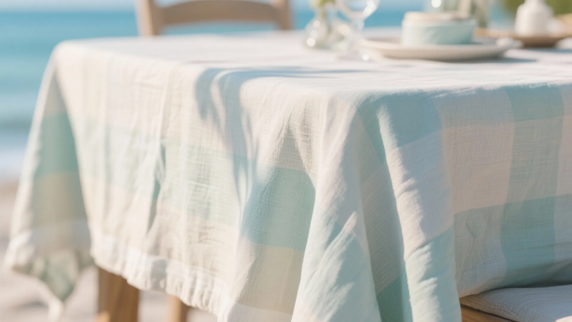 Light blue and white checkered tablecloth on an outdoor table with a sunny beach view