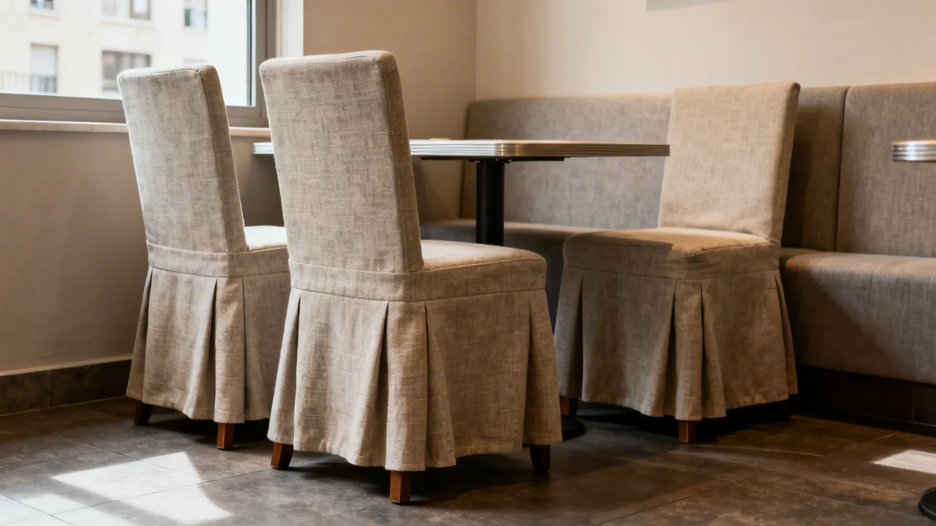Dining room setting featuring three chairs with beige fabric covers and pleated skirts around table