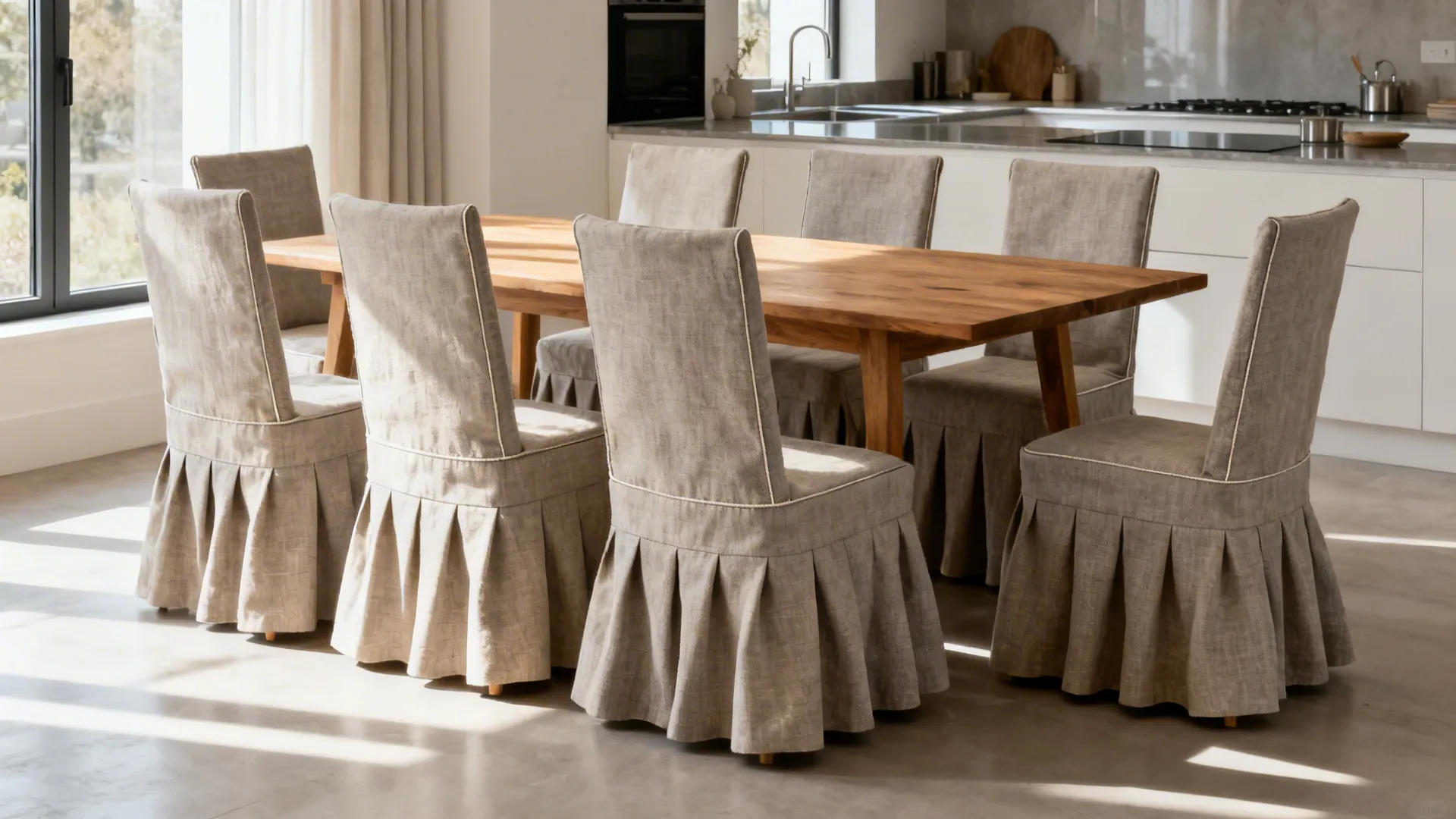Dining chairs in linen-look slipcovers with short tailored skirts in a bright open-plan room.