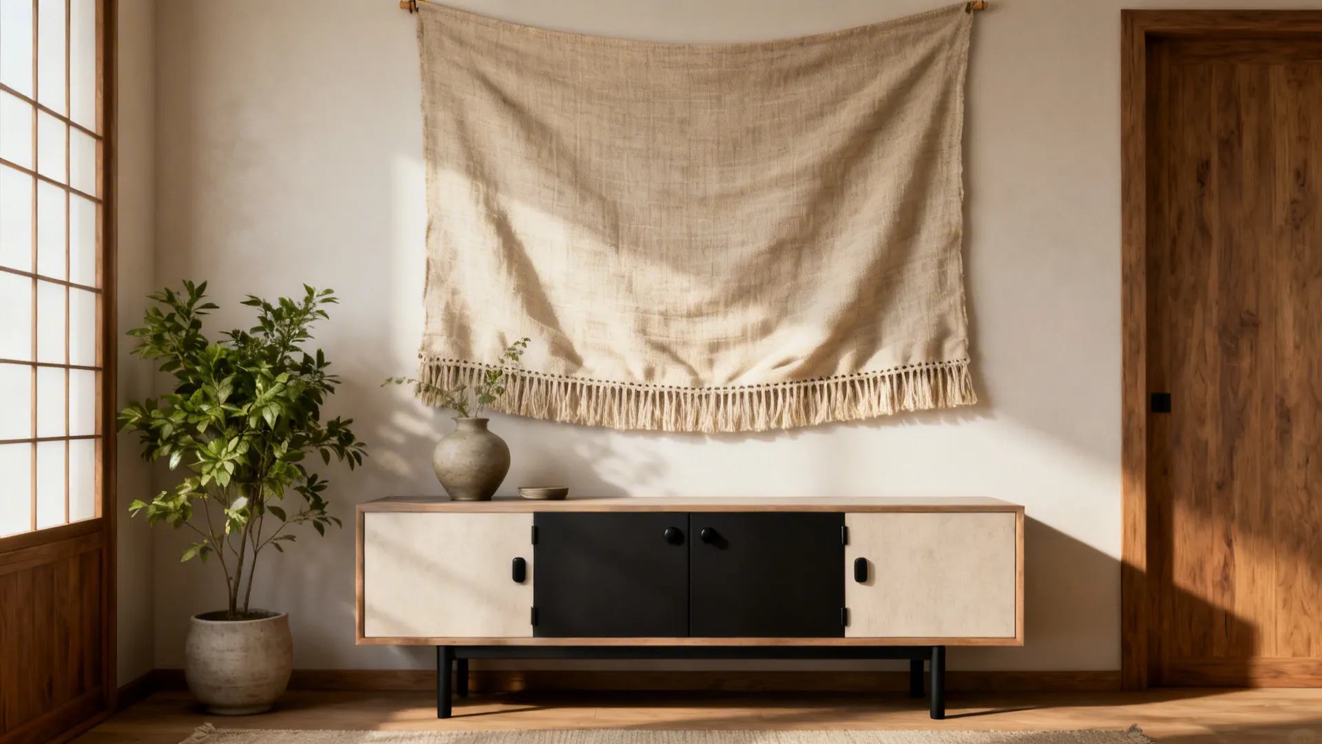 Large linen tapestry adds softness and texture to a small living room.