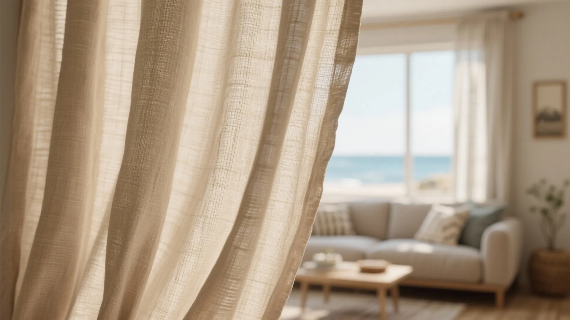 Close up of beige linen curtain fabric in a sunny living room overlooking the blue sea