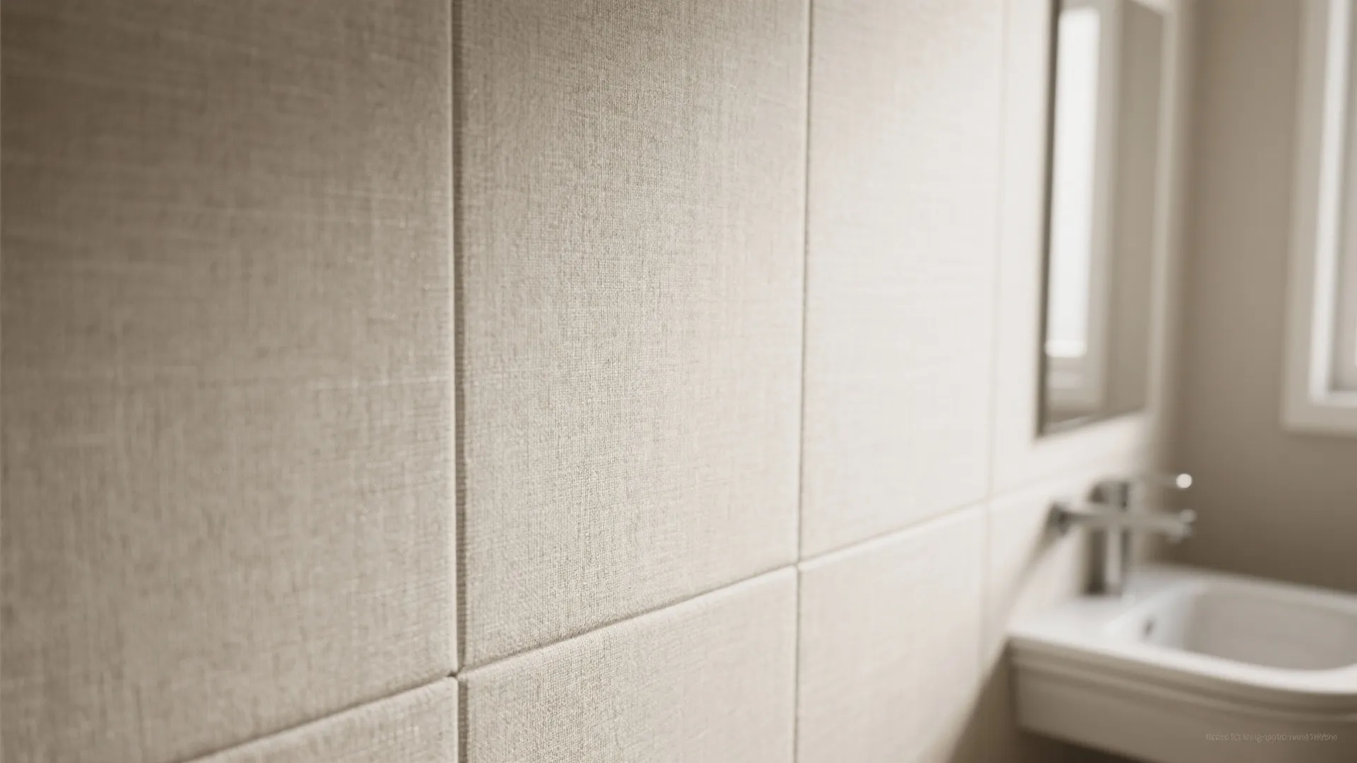 Close up of textured beige wall panels in a bathroom next to a white sink basin