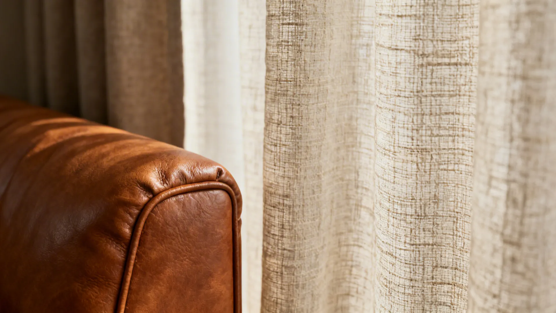 Close-up of slub linen curtain fabric and cognac leather sofa texture