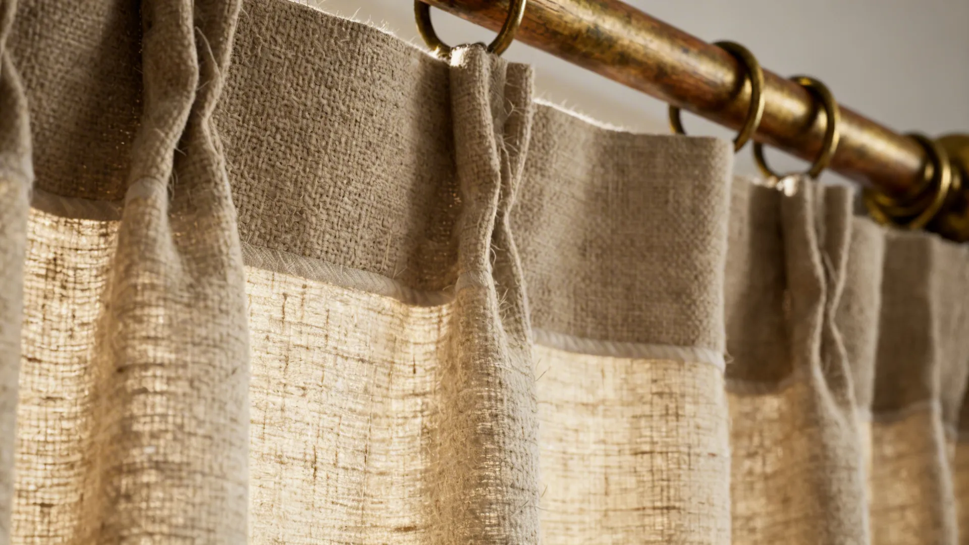 Macro view of warm linen curtains showing textured weave and linen fibers with brass hardware.