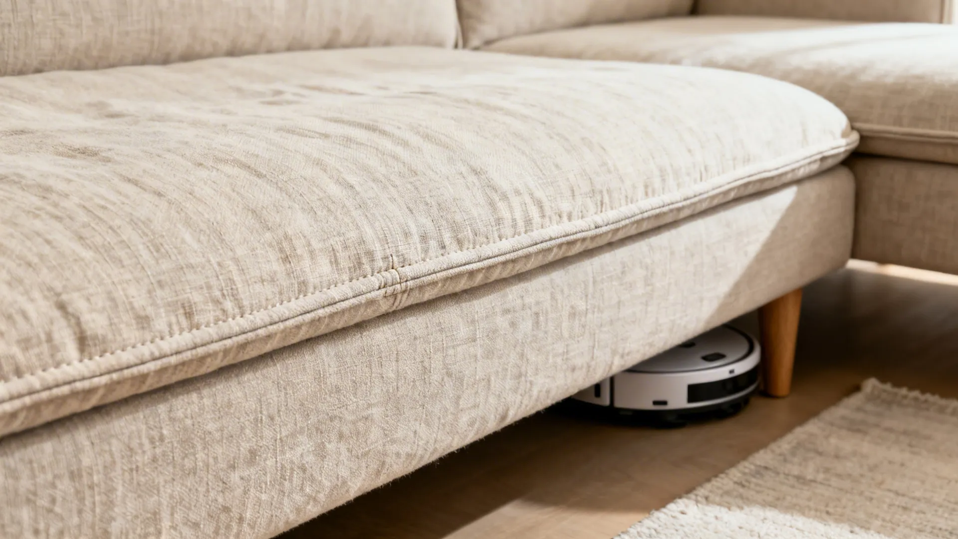 Macro of oatmeal linen upholstery with tight weave and precise piping on an L-shaped sofa.