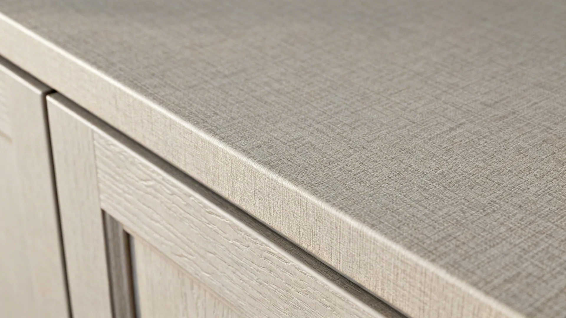 Close up view of textured beige countertop surface on top of a light wooden cabinet
