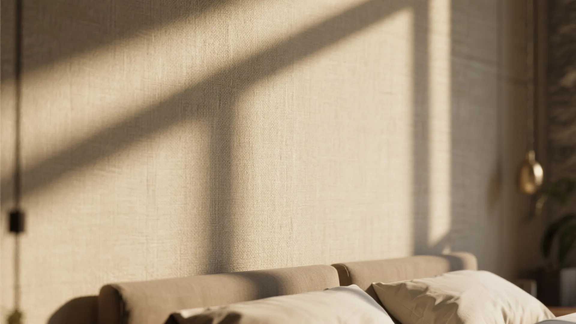 Close up of beige fabric wall panel behind a bed with pillows and natural sunlight