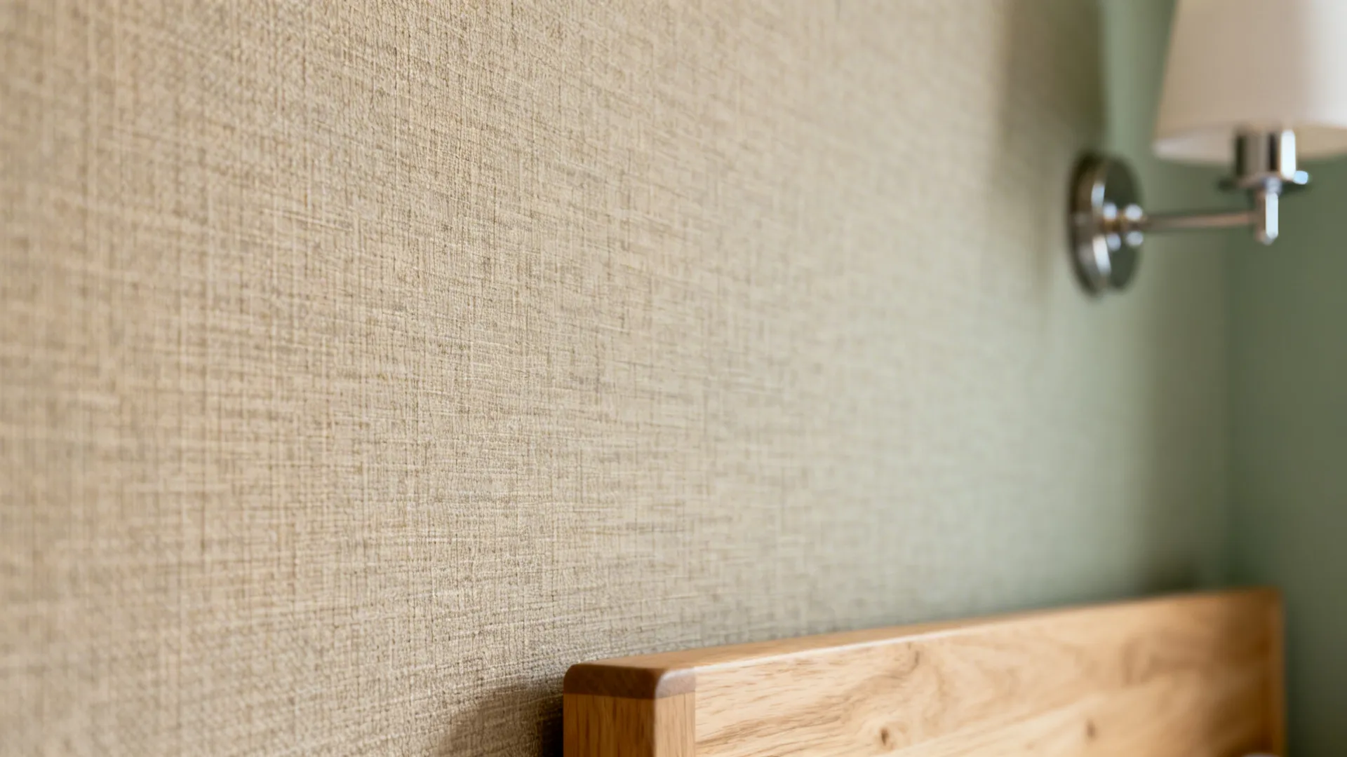 Macro of tone-on-tone linen-textured wallpaper diffusing light beside a wood headboard.