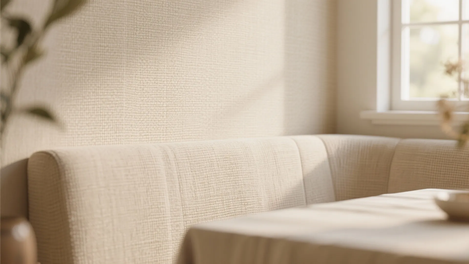 Close up view of cream linen texture wall with a matching soft sofa and window