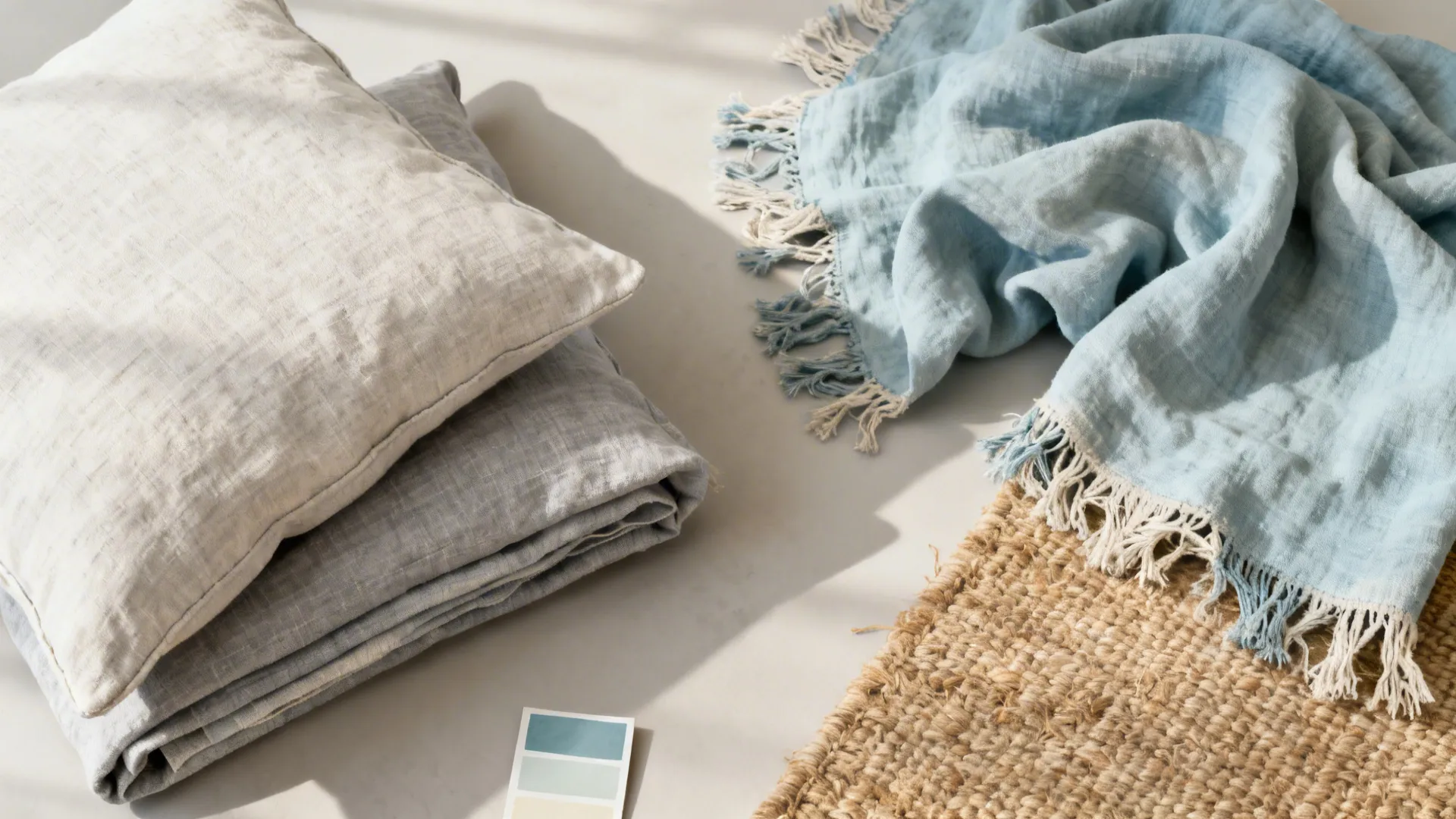 Flatlay of linen cushions, slipcover swatches, throw blanket and rug sample in muted tones
