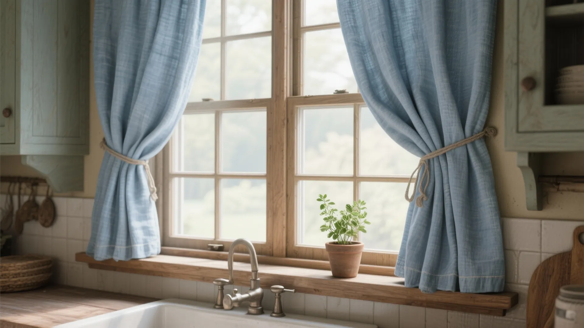 Light blue curtains tied with rope beside a wooden window above a white kitchen sink
