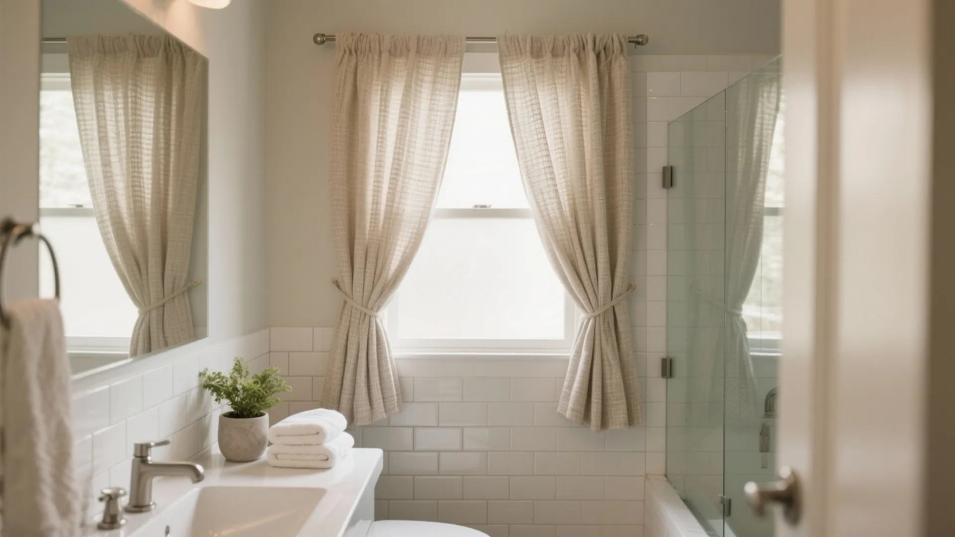 Bright bathroom with white brick wall panels linen curtains small green plant and white towels