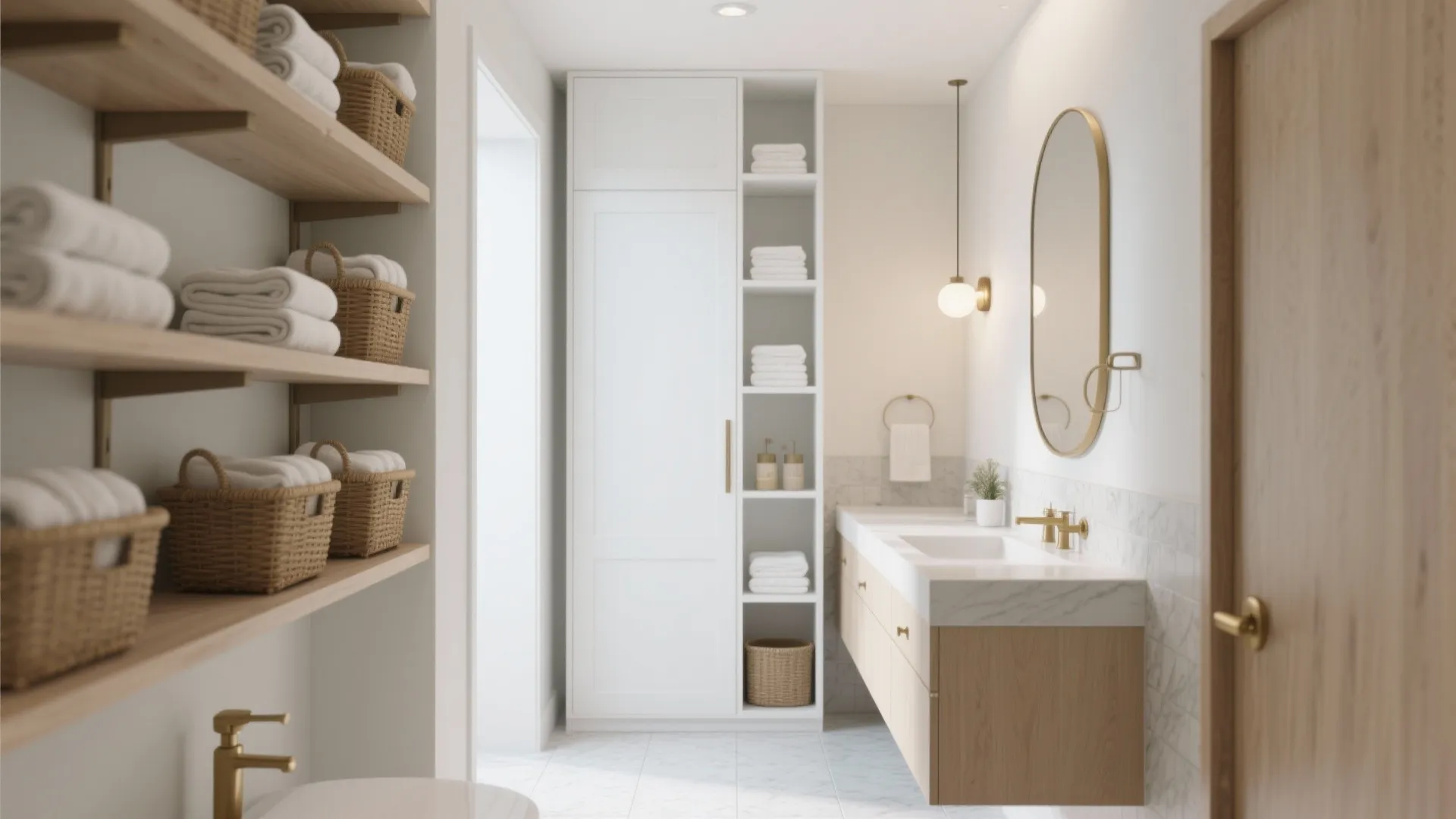 Vertical Linen Tower Beside the Vanity