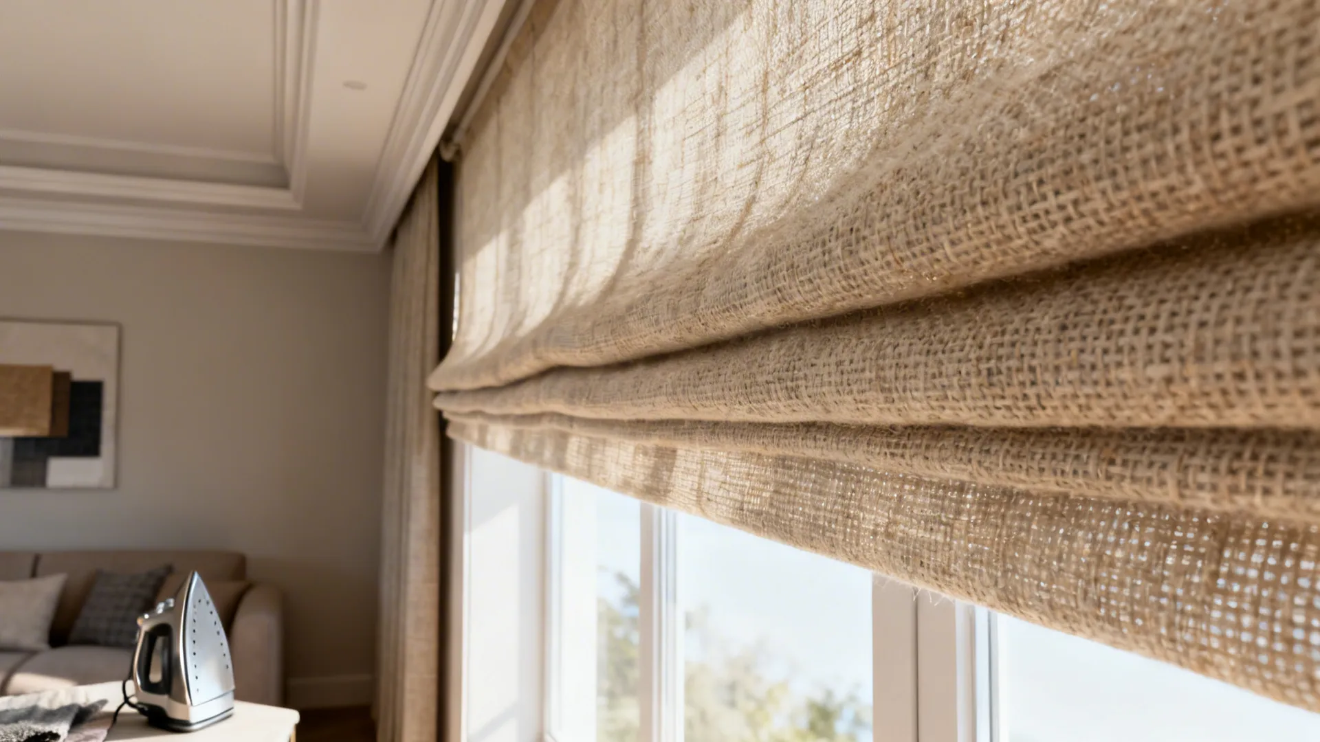 Macro view of linen valance fabric texture mounted near the ceiling in a modern living room.