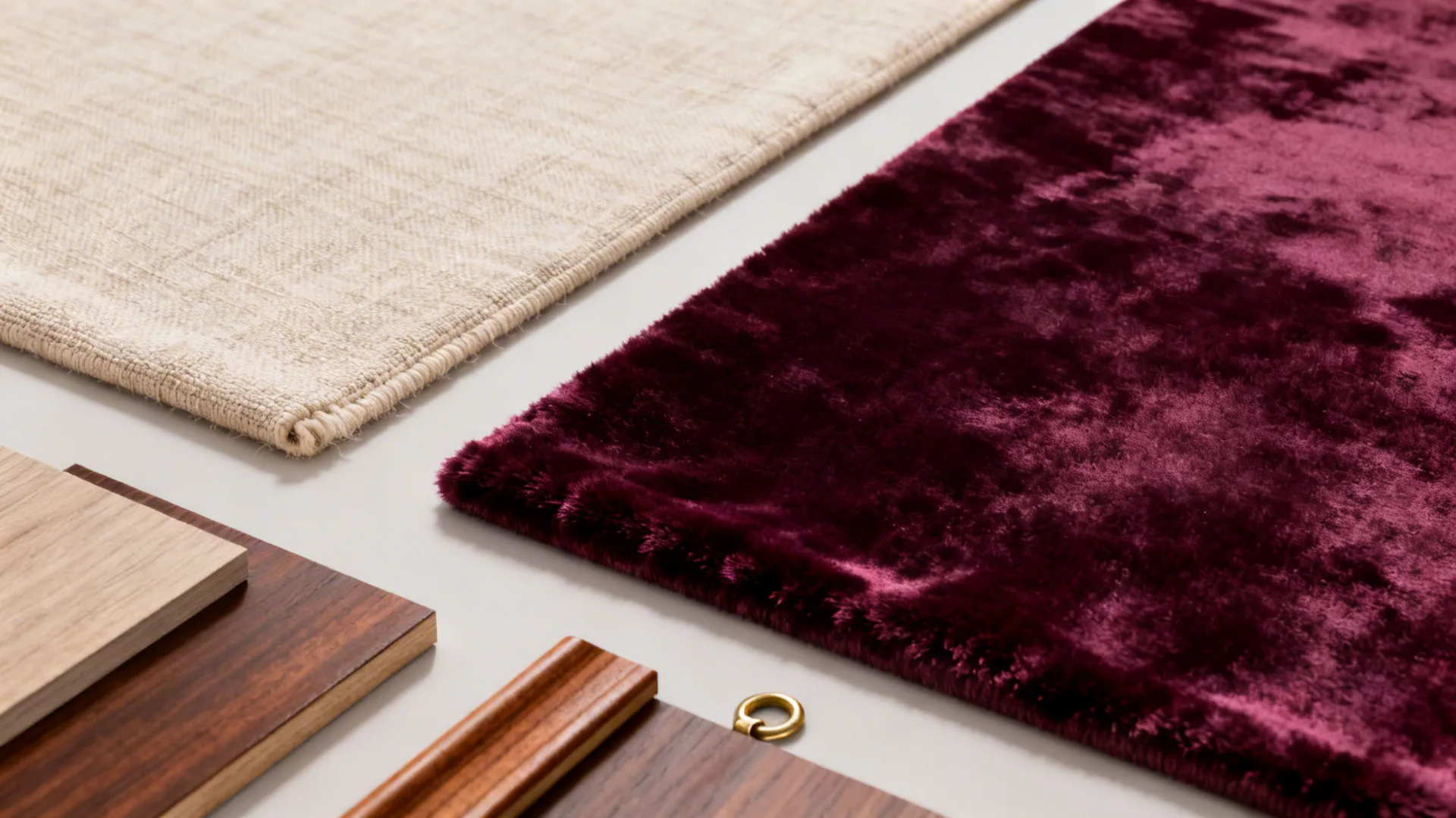Fabric swatches of linen and velvet with hardware samples for layered curtain design
