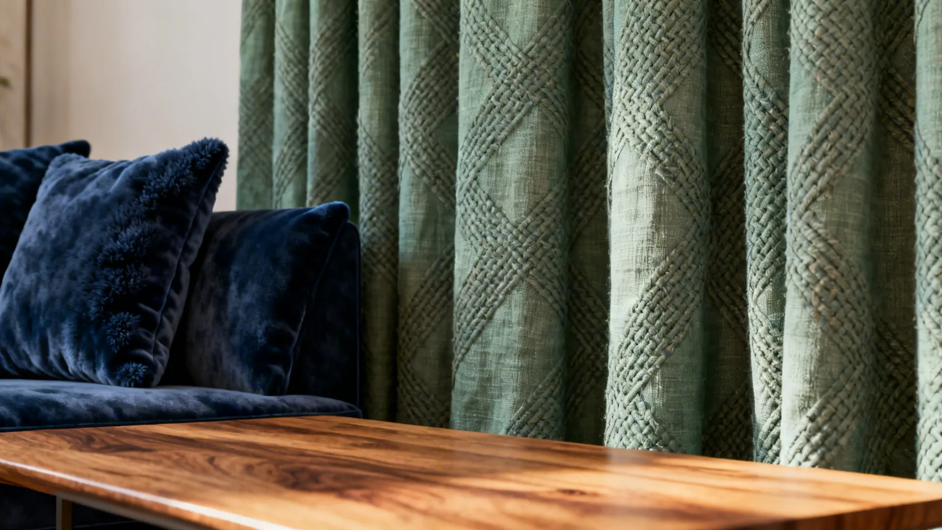 Close up of blue velvet sofa pillows next to green textured curtains and wooden table