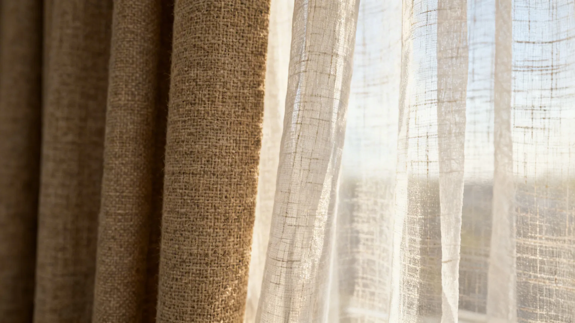 Close-up of textured linen outer curtain layered over lightweight voile, showing weave and translucency.