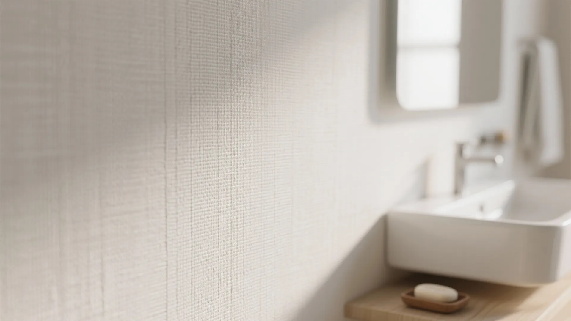 Close up of textured beige wall paper in a bright bathroom with sink and mirror