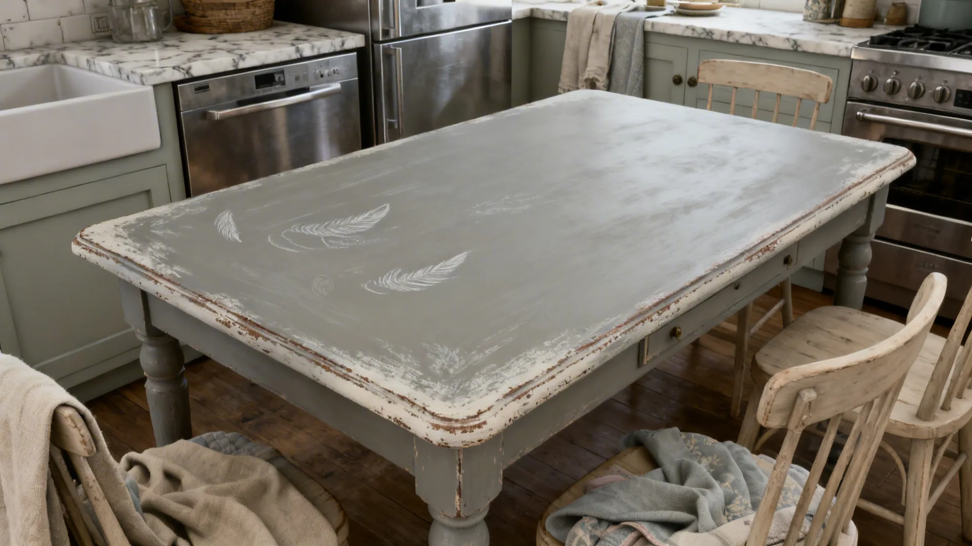 Farmhouse kitchen nook with a linen-gray washed chalk-painted table and softly distressed edges.