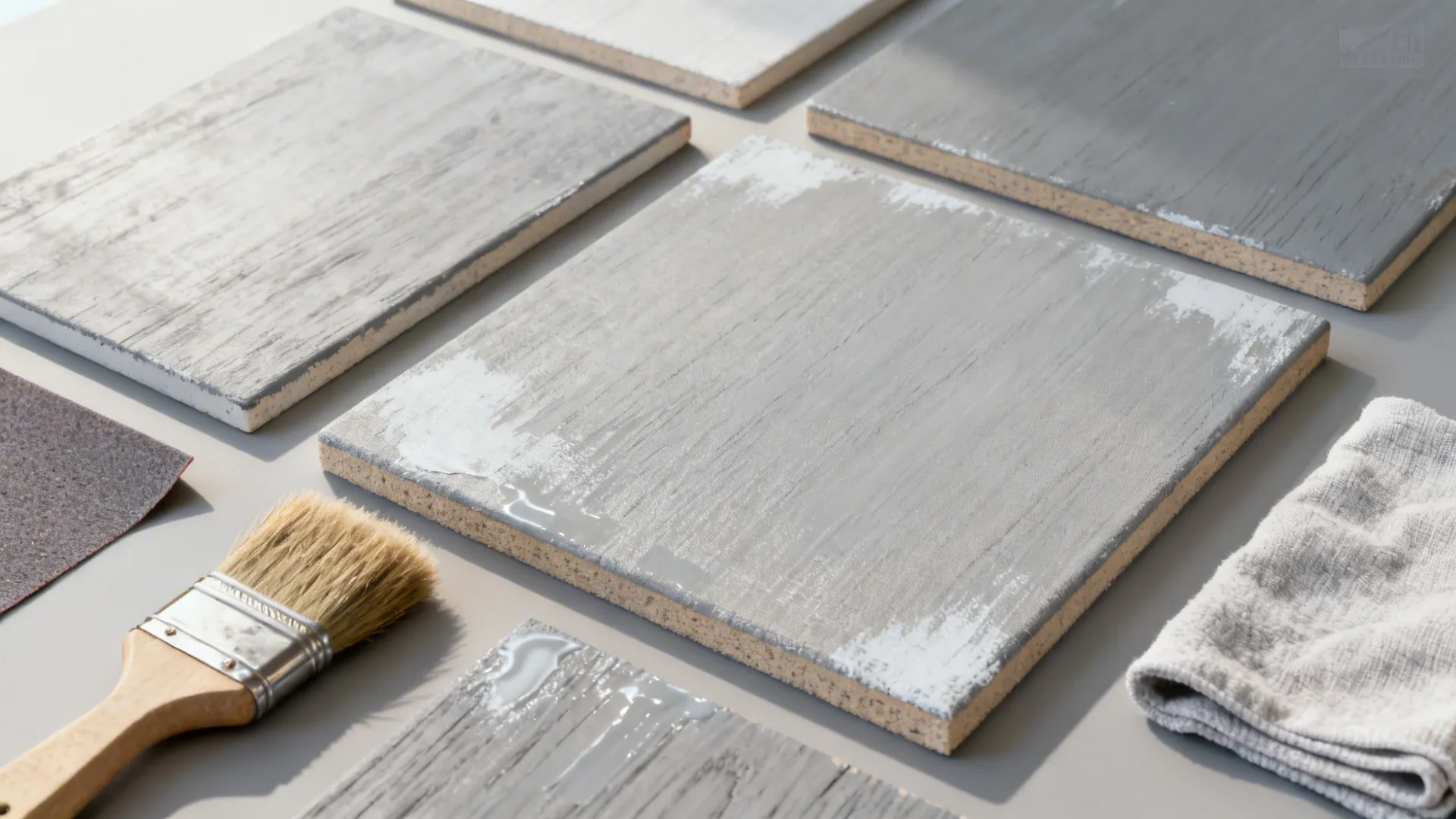 Flatlay of linen-gray wash samples with glaze layers, brushes, and water-based poly.