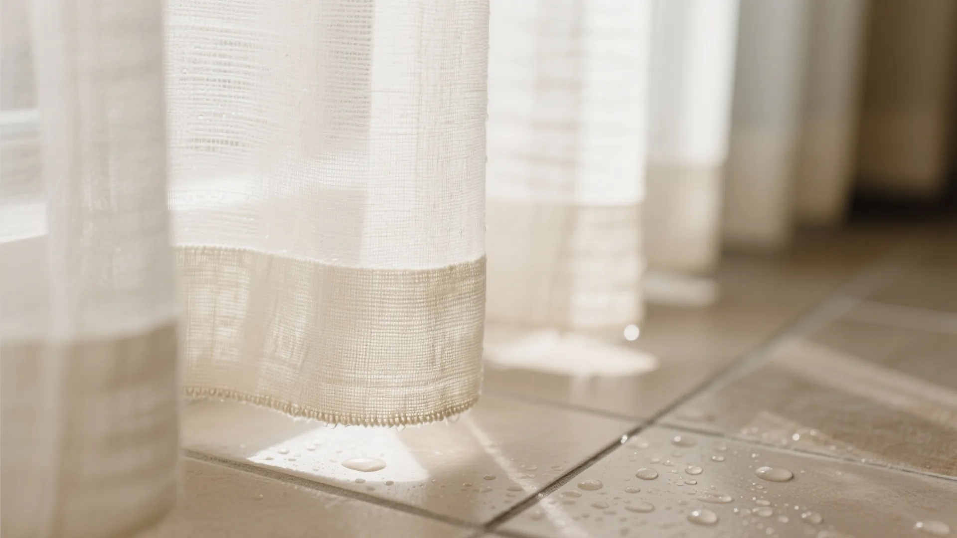 Close up of waterproof white curtain with water drops on floor tiles and fabric edge