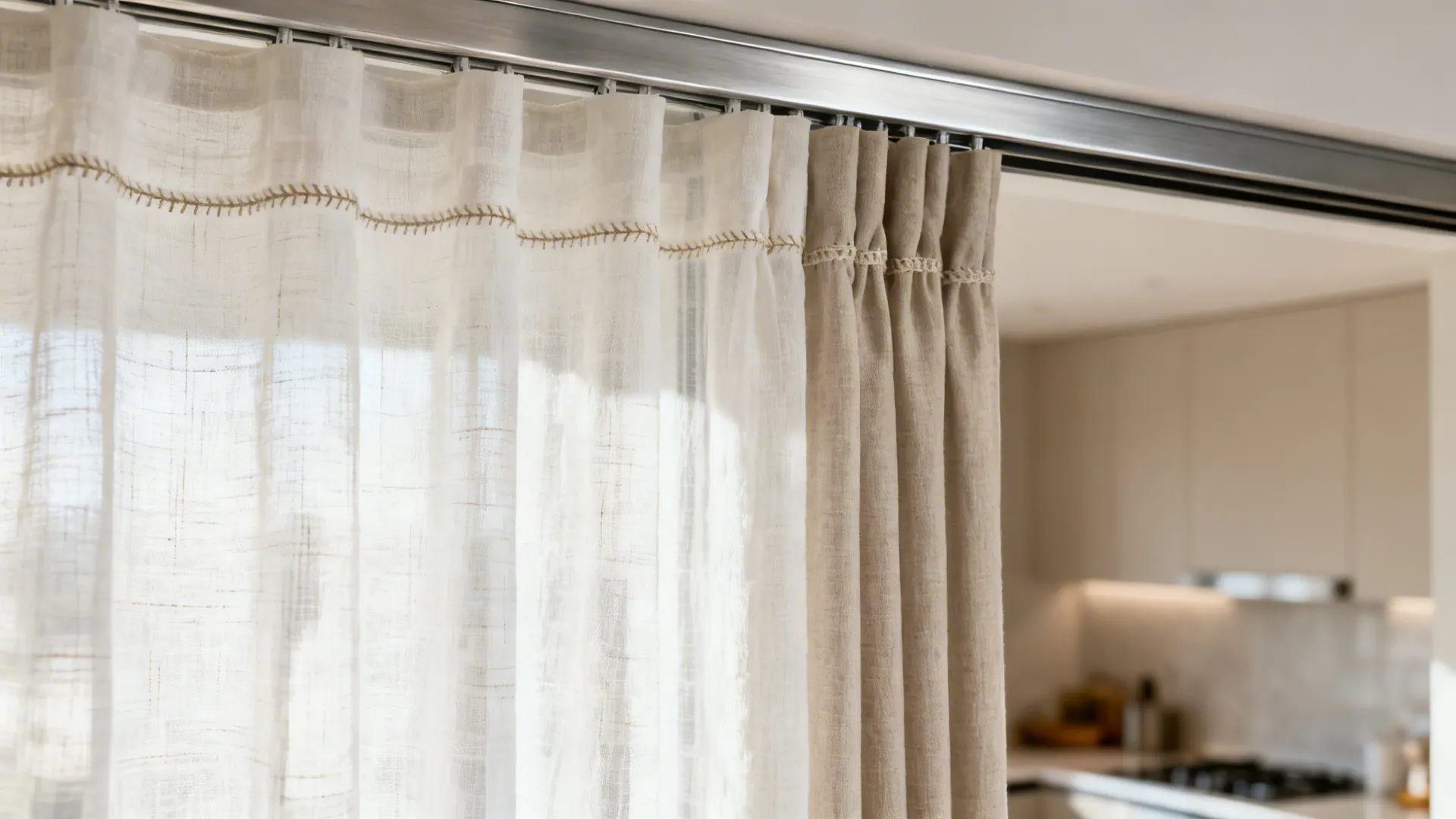 Close-up of off-white linen sheer layered over a neutral privacy liner with fine weave detail.