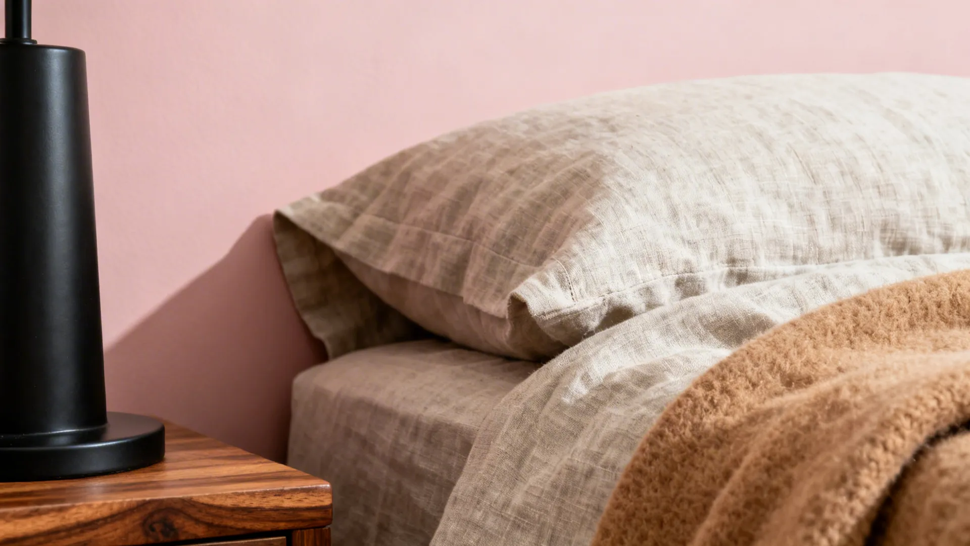 Close-up of blush wall with flax linen and camel throw next to a walnut nightstand.