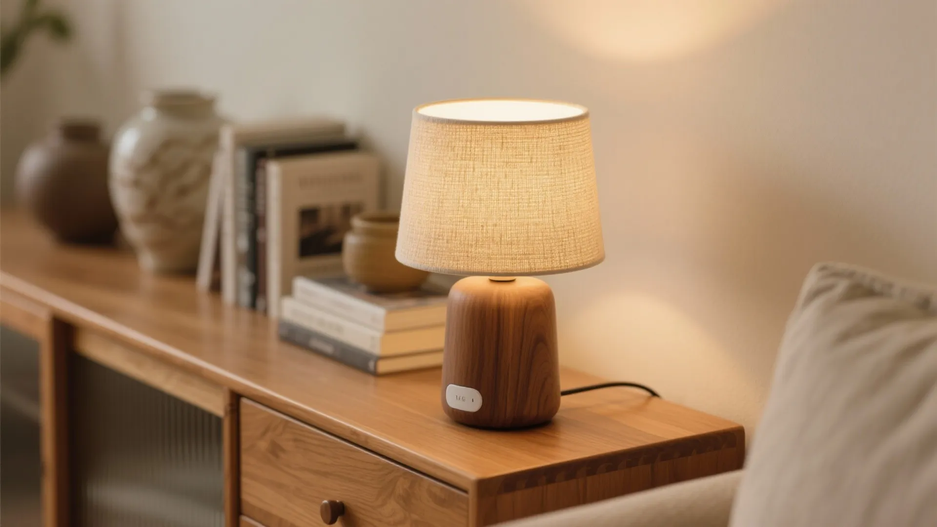 Warm table lamp with wooden base and linen shade sitting on a wooden storage room cabinet