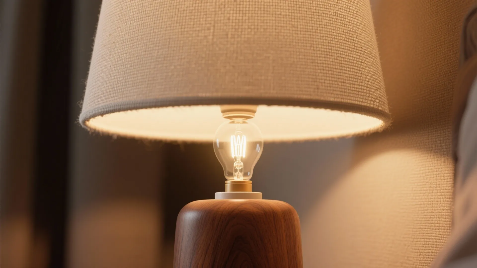 Close up of table lamp with linen shade and wood base showing lit light bulb