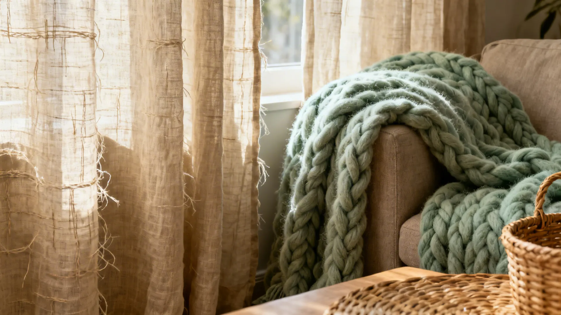 Close-up of beige linen curtains, a chunky sage wool throw and woven rattan basket highlighting texture.