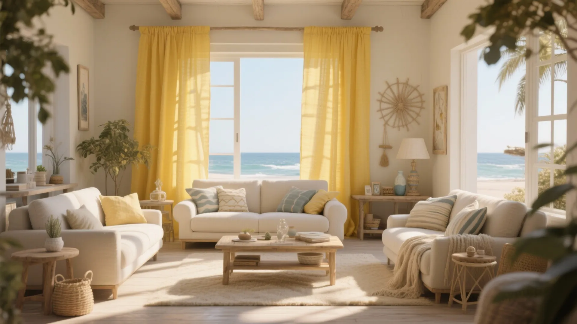 Coastal living room with yellow curtains white sofas wooden coffee table and a blue ocean view
