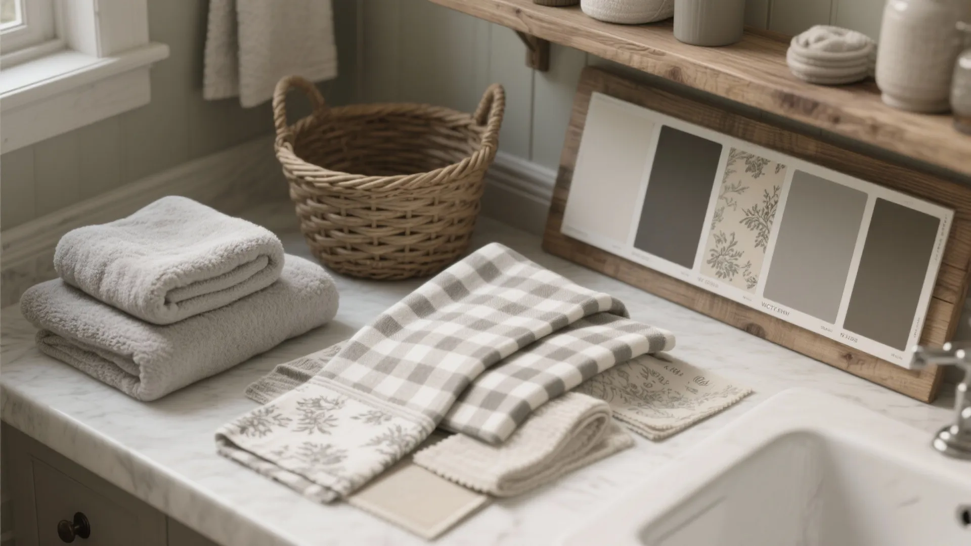 Bathroom counter with folded towels a woven basket and color samples for interior design planning
