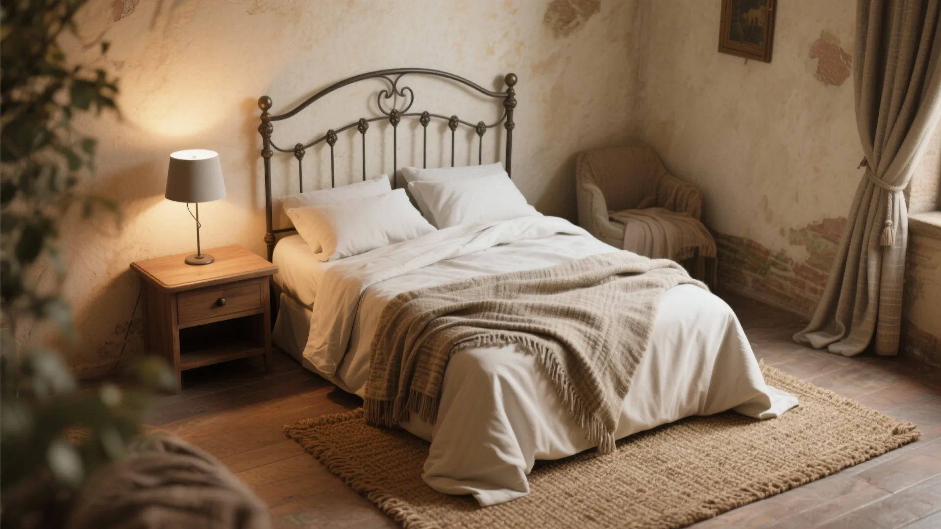 4. Natural Linens, Woven Rugs, and Iron Details