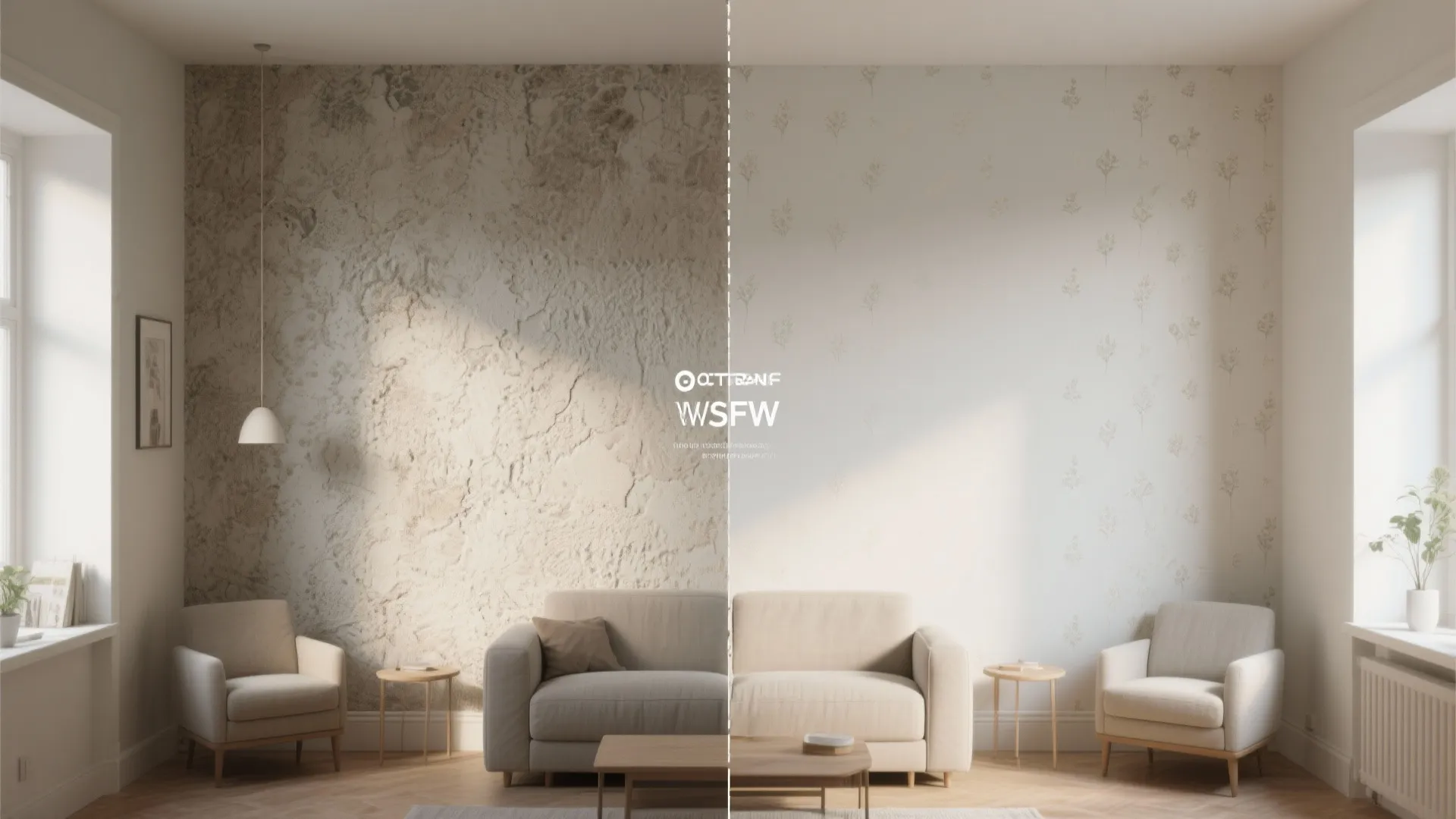 Before-and-after split of a room showing textured wall versus smooth painted wallpaper finish.