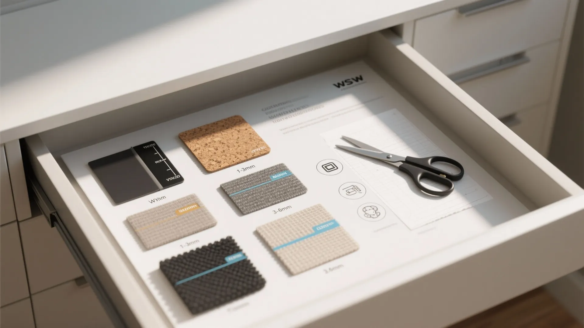 Drawer organizer samples including cork and fabric swatches with scissors on a white paper layout