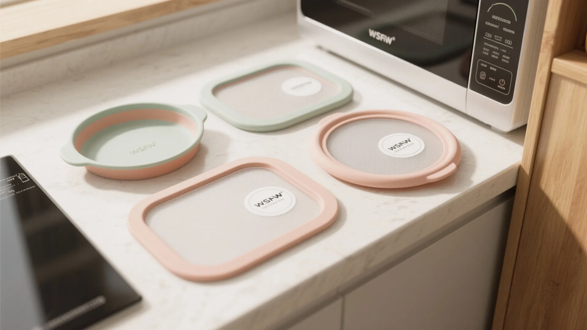 Top-down view of silicone and magnetic microwave liners arranged on a countertop.