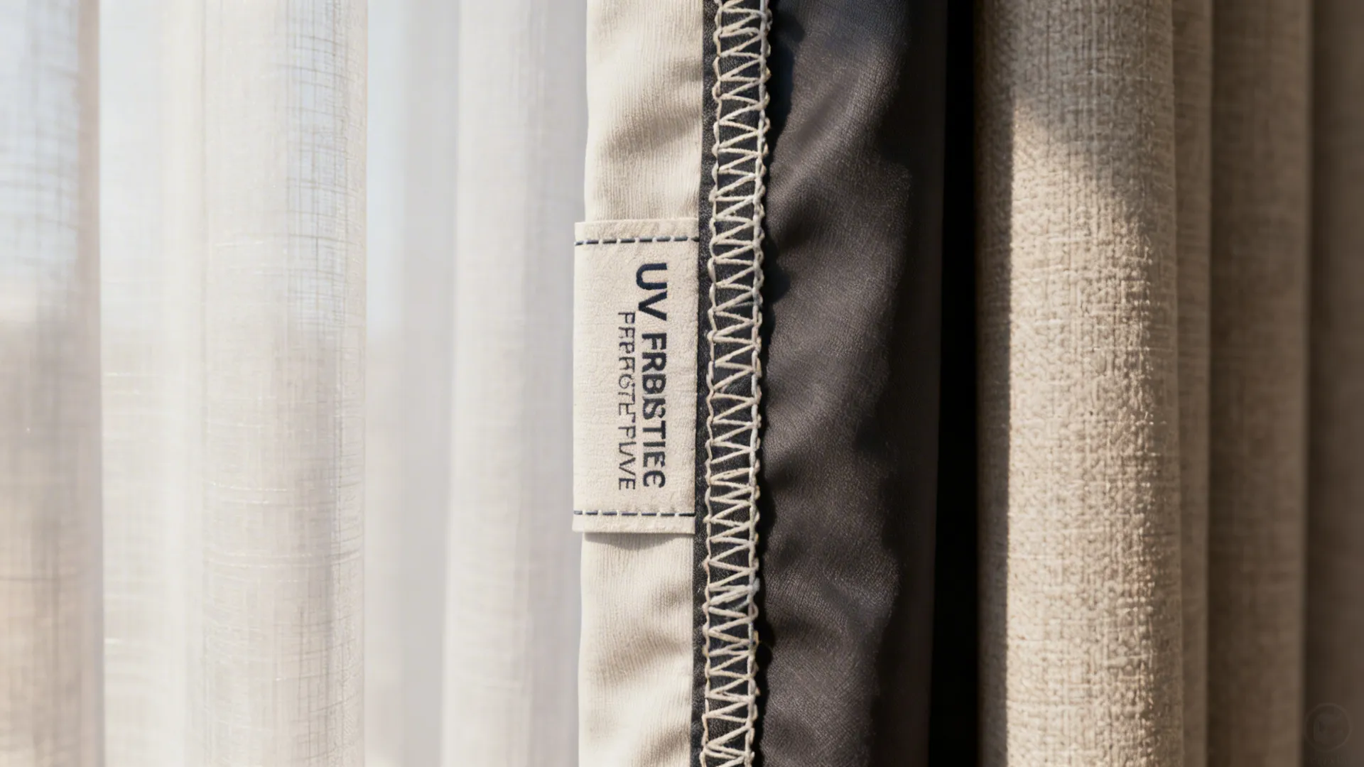 Close-up of curtain lining and UV-protective label showing layers and stitching.