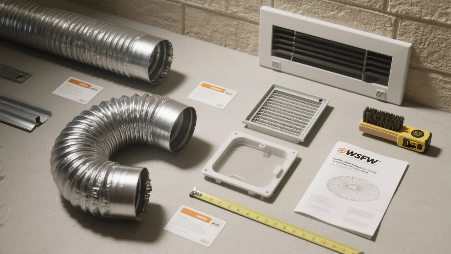 Flatlay of dryer ducting components, lint trap, back-draft damper, measuring tape, and cleaning brush for maintenance guidance.