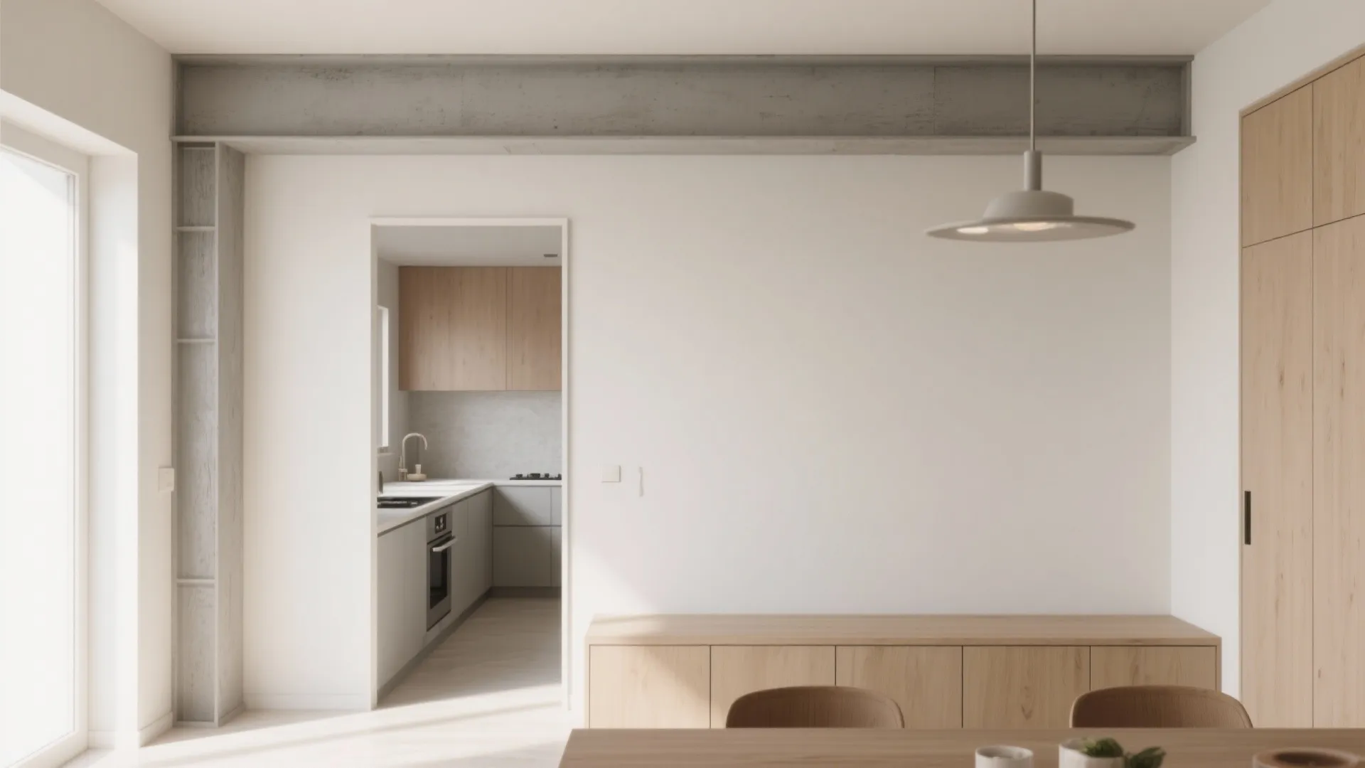 Minimalist interior design drawing with a concrete ceiling beam over wooden cabinets and kitchen view