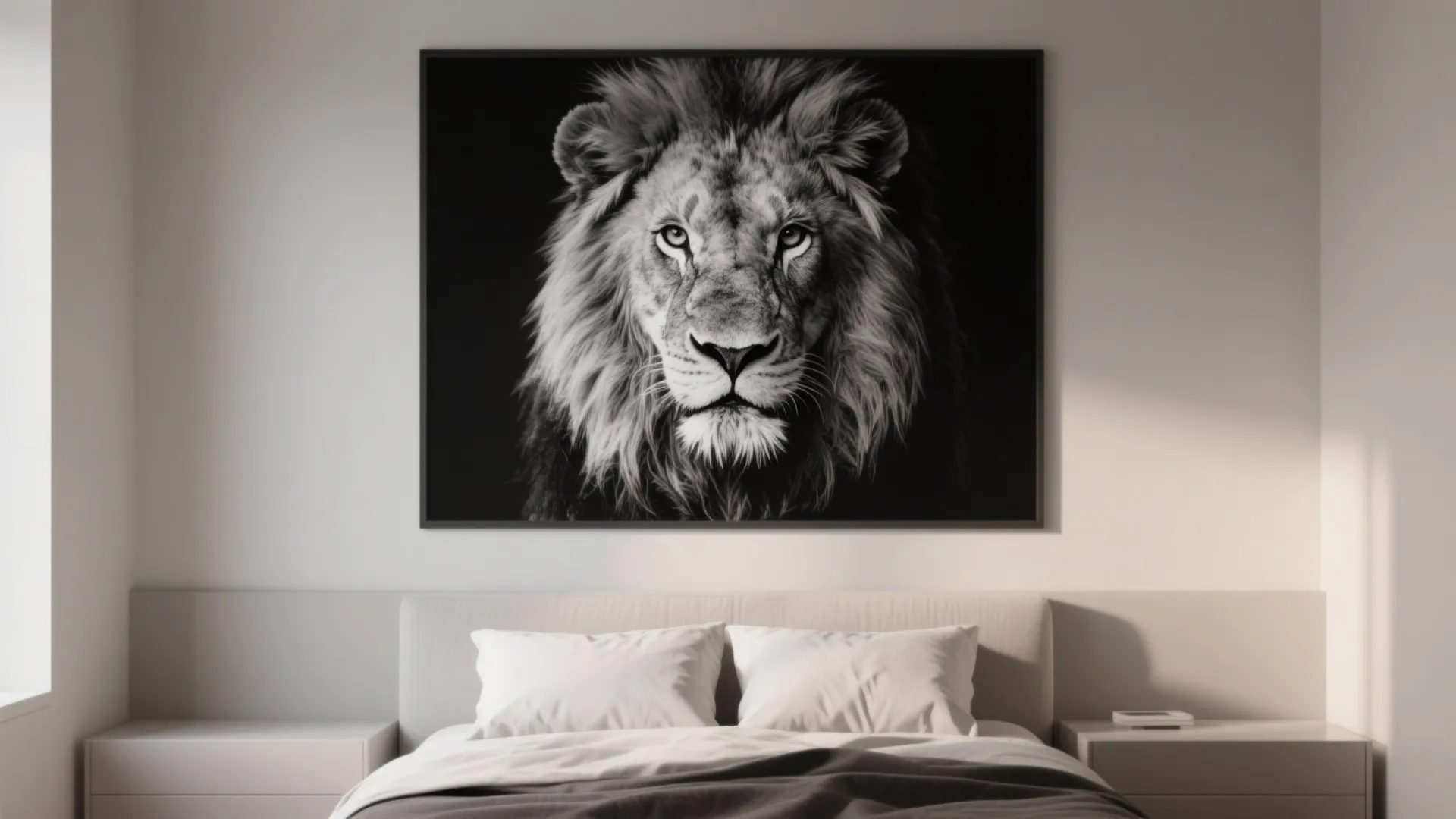 Minimalist bedroom with large monochrome lion artwork above bed