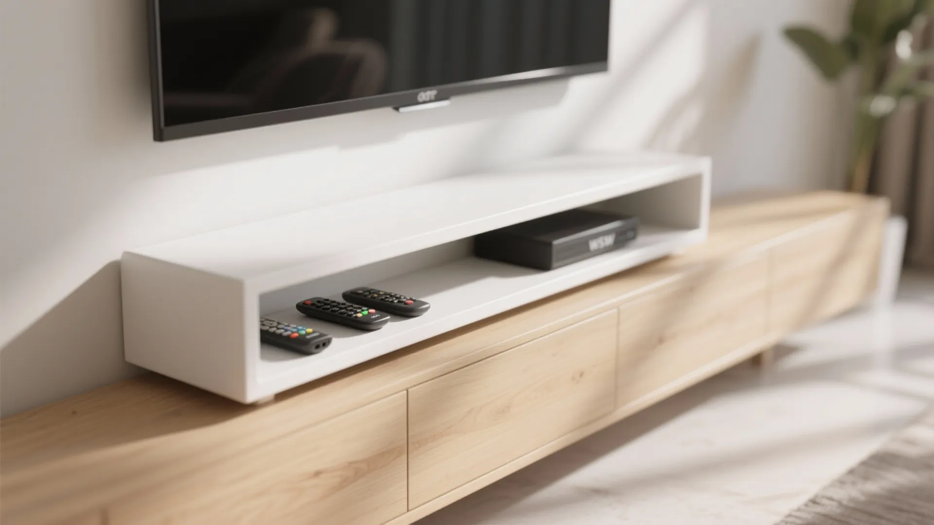 Close up of wooden cabinet with white shelf holding remote controls under a large television