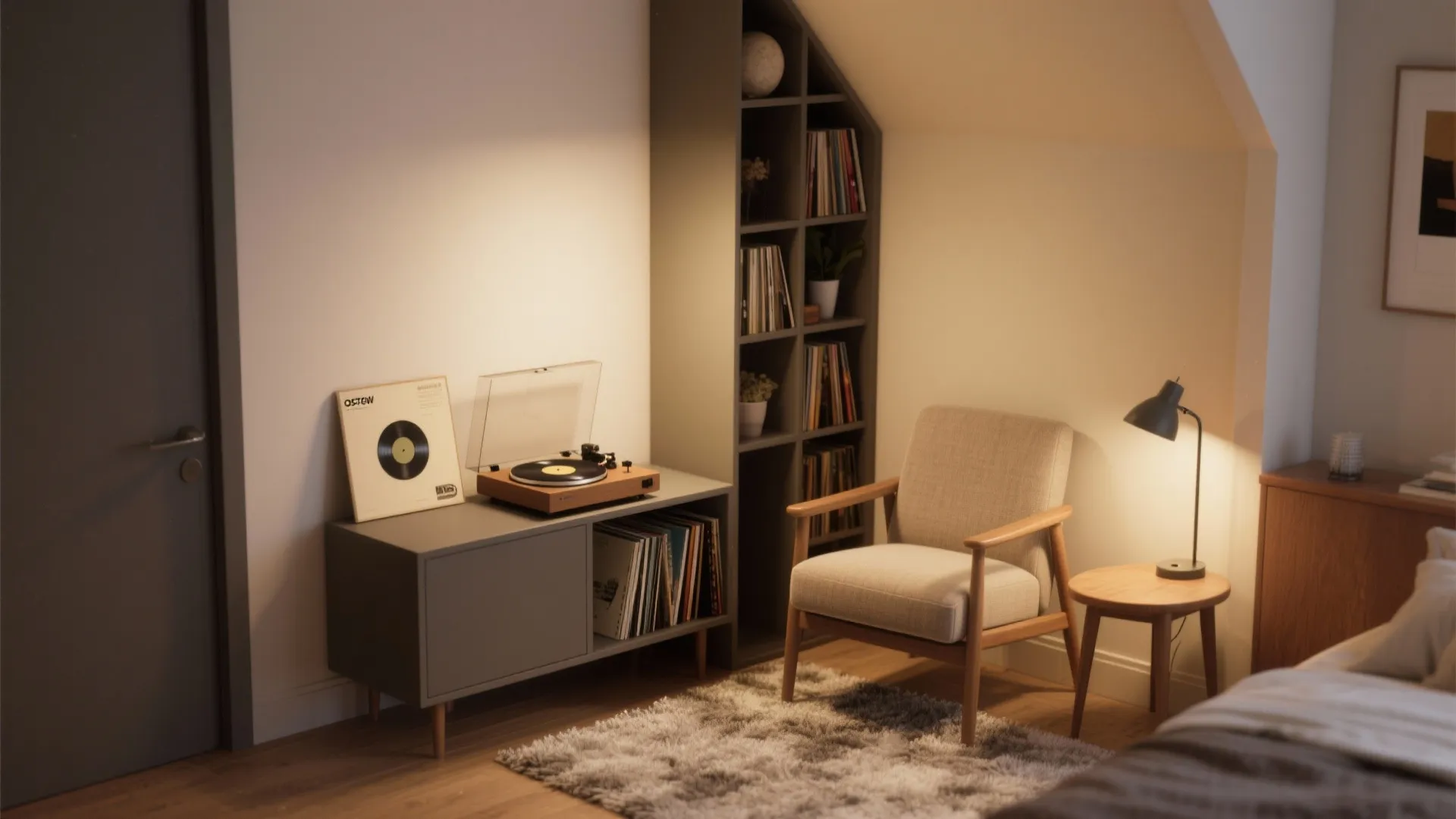 Cozy music corner with a grey armchair wood side table record player and tall book shelf