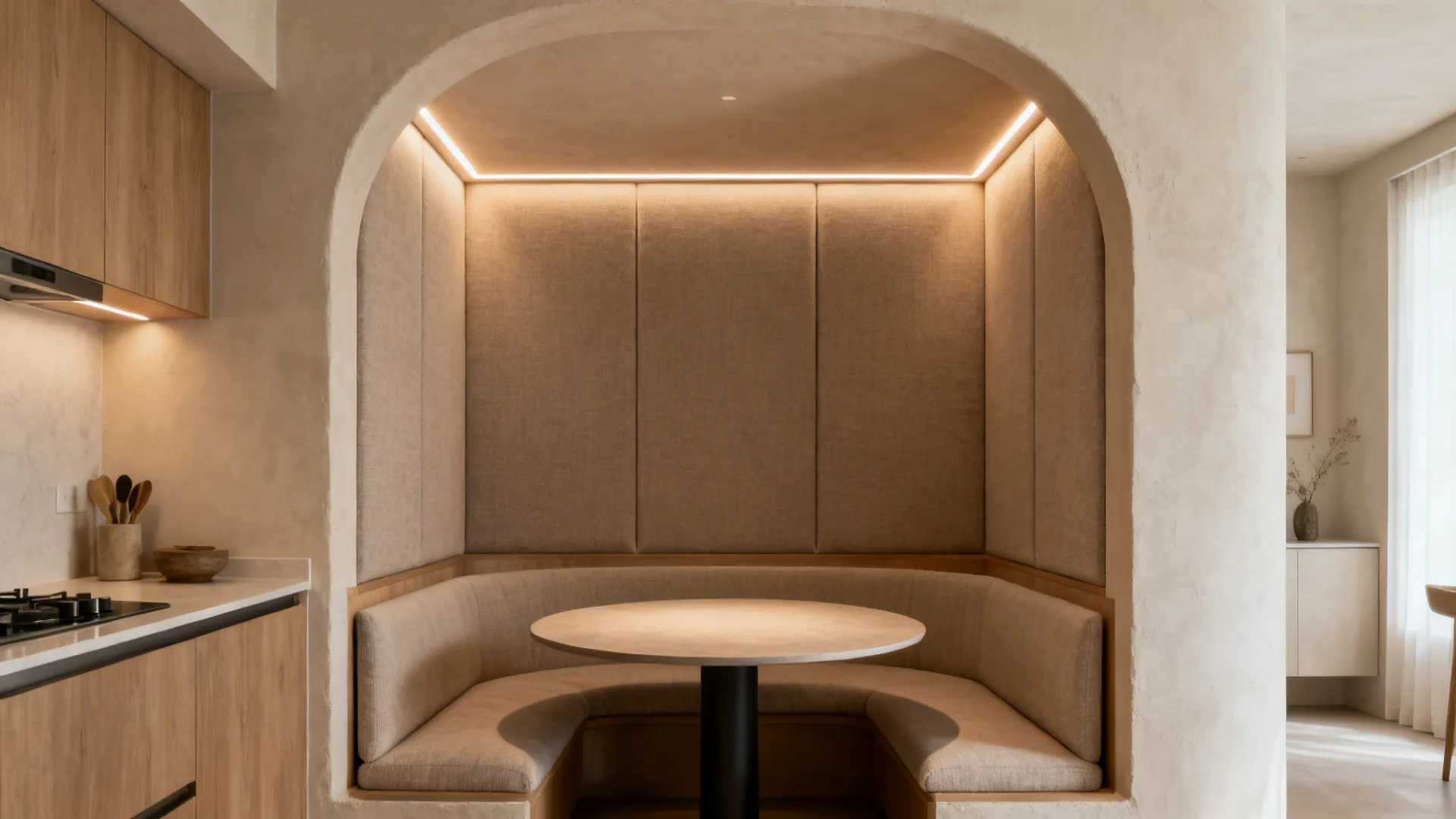 5) Plaster Arch with Tucked Lighting and Acoustic Panels